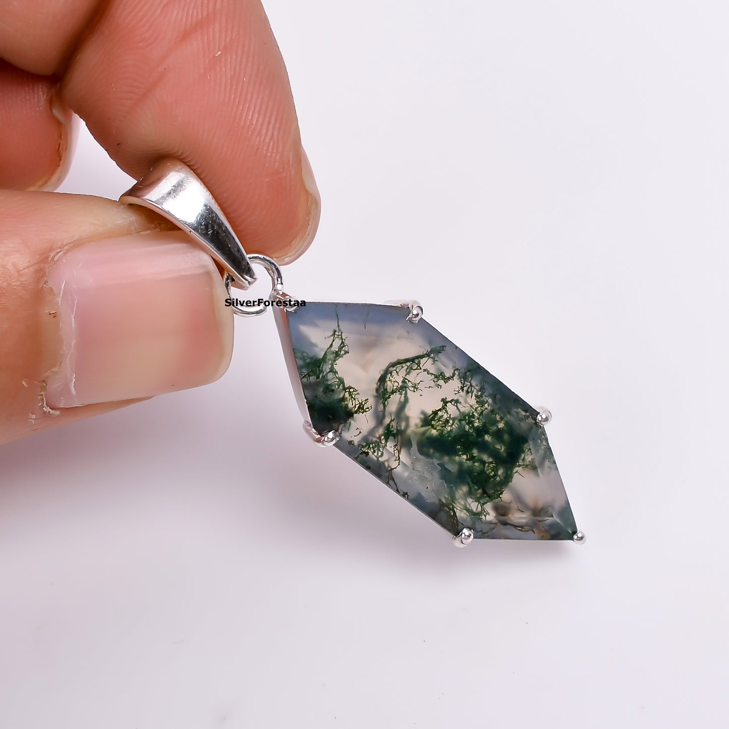 Moss Agate Silver Necklace | Artisan 925 Design