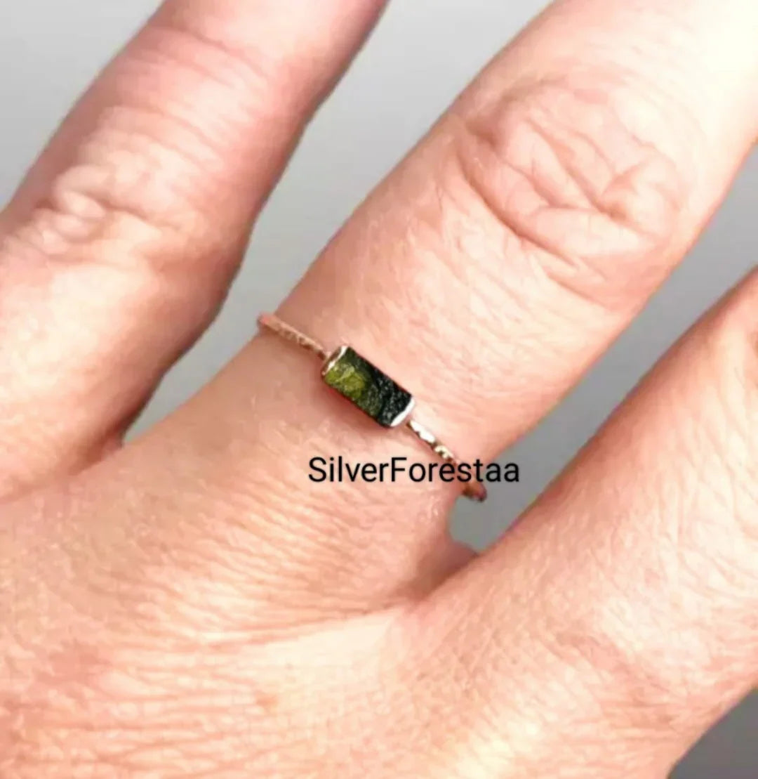 Raw Moldavite Gemstone Rings - SILVERFORESTAA