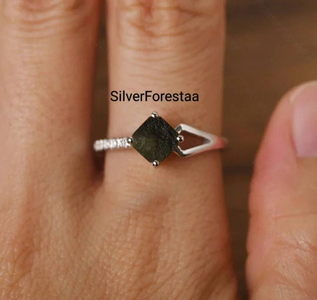 Natural Moldavite Jewelry Silver Ring - SILVERFORESTAA