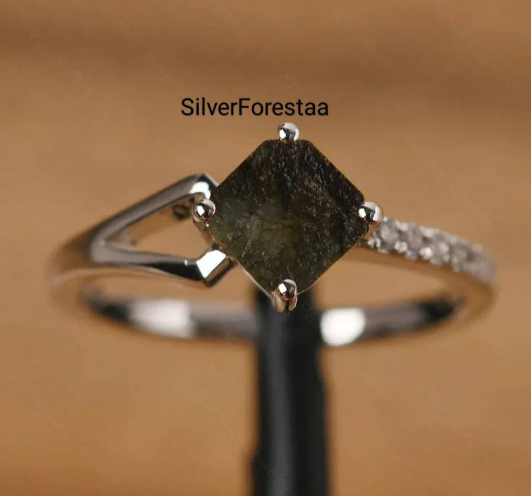 Natural Moldavite Jewelry Silver Ring - SILVERFORESTAA