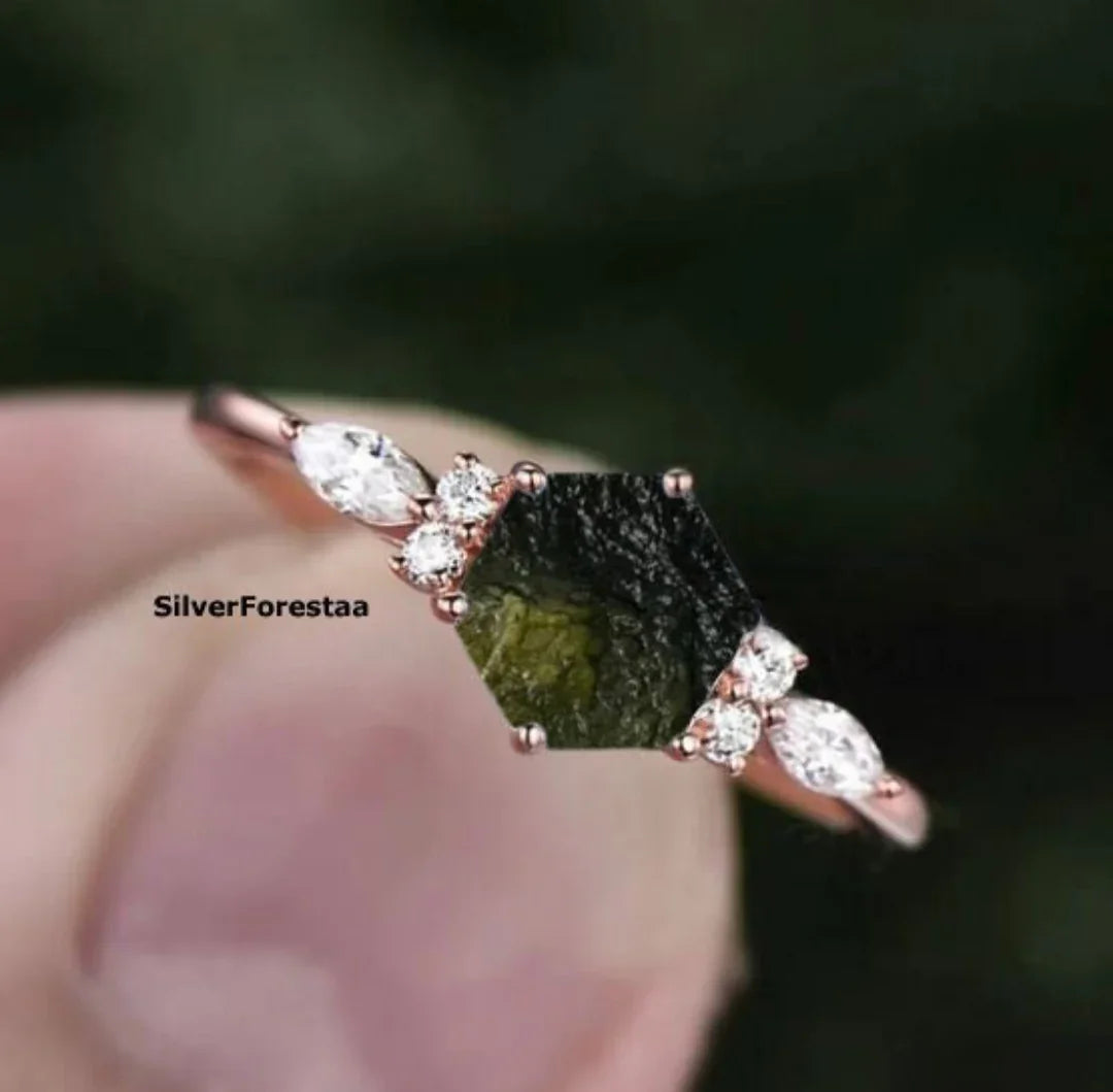 Raw Moldavite Engagement Ring - SILVERFORESTAA