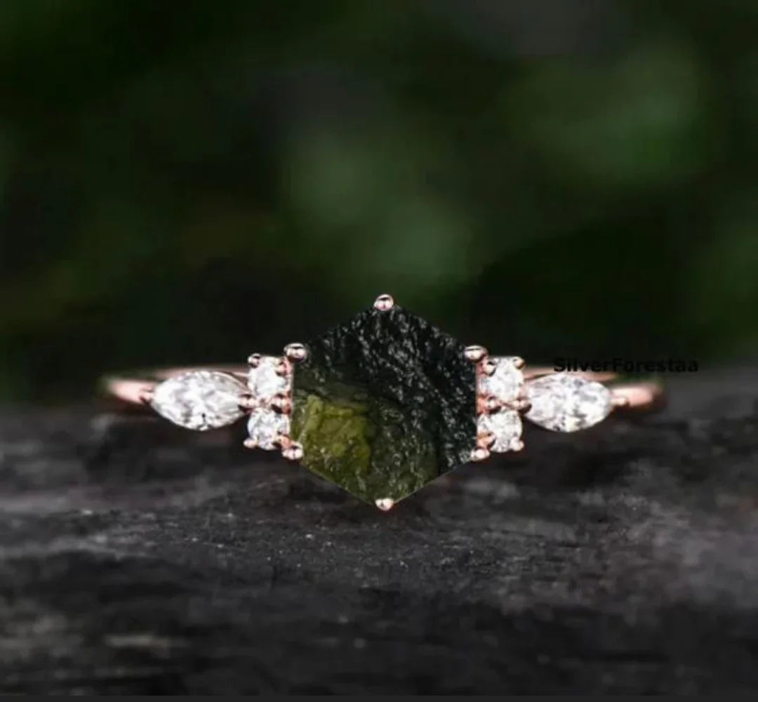 Raw Moldavite Engagement Ring - SILVERFORESTAA