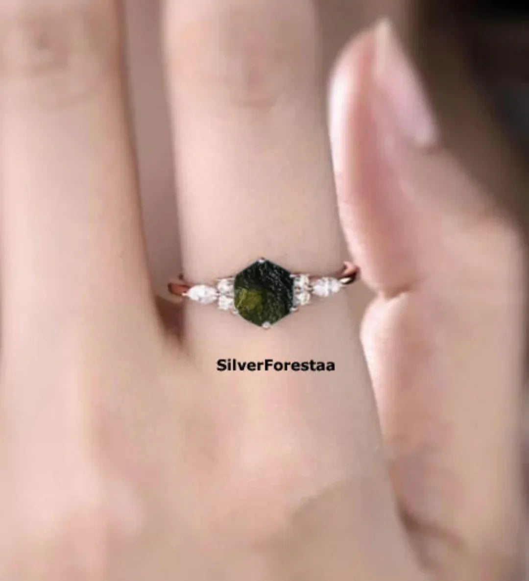 Raw Moldavite Engagement Ring - SILVERFORESTAA