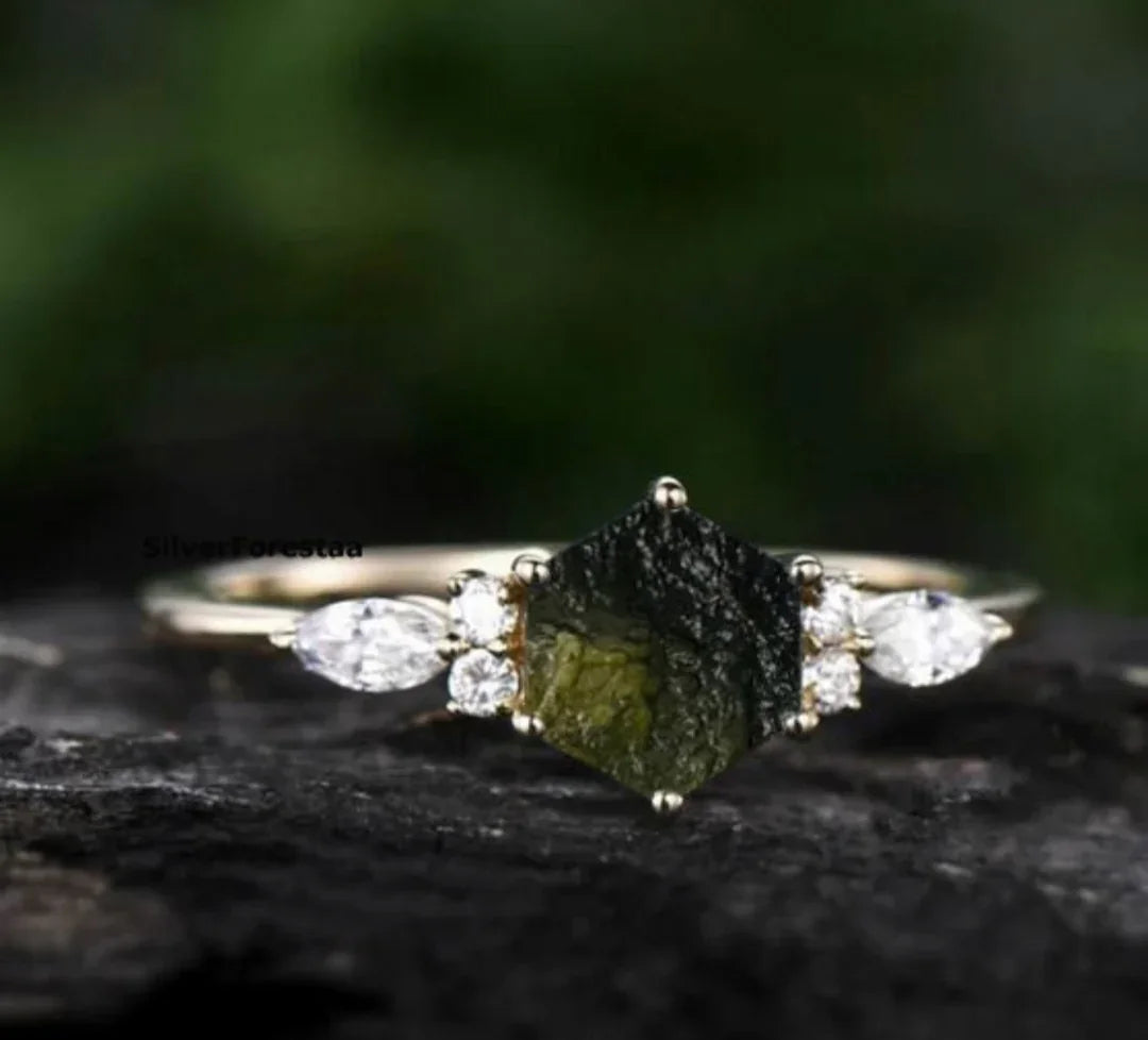 Raw Moldavite Engagement Ring - SILVERFORESTAA
