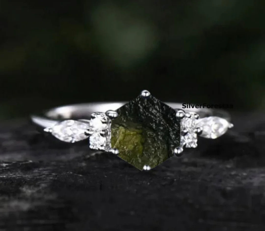 Raw Moldavite Engagement Ring - SILVERFORESTAA