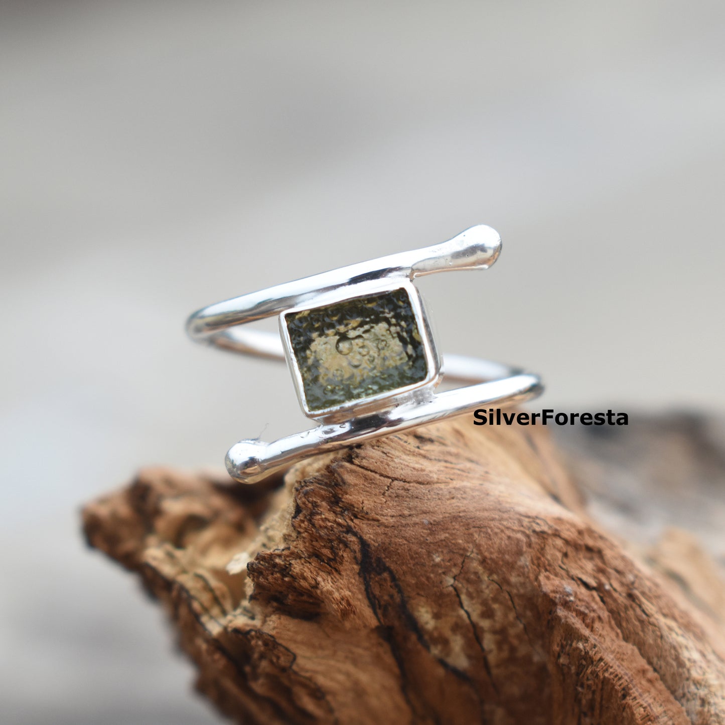 Moldavite Rough 925 Sterling Ring | Rustic Green Gem