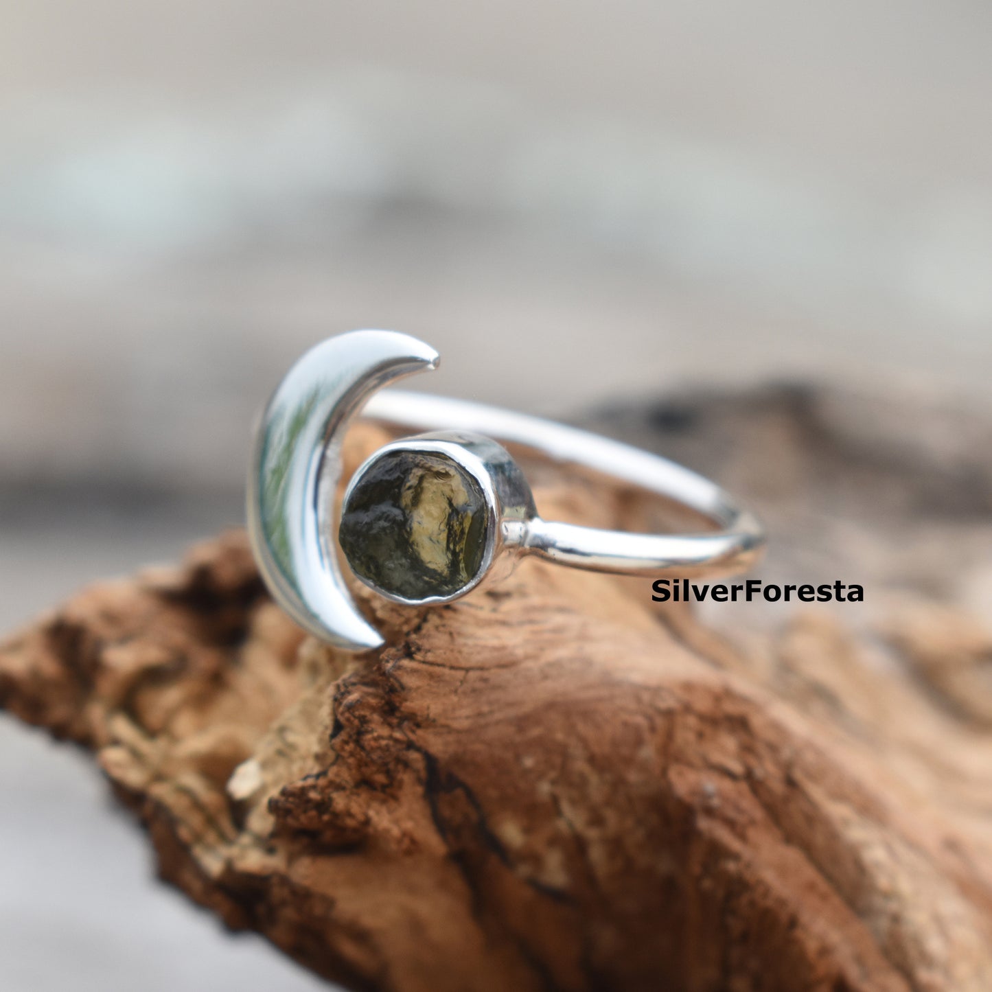 Moldavite Gemstone Silver Ring – Exquisite Green Beauty
