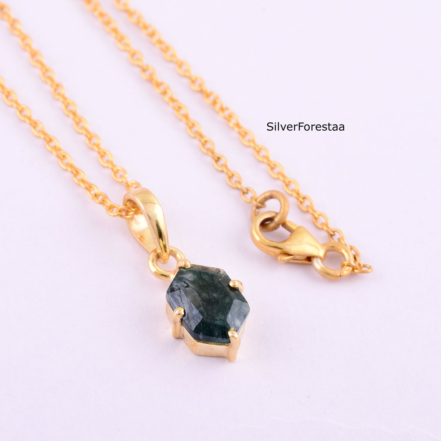 Moss Agate Gemstone Necklace 925 Silver Pendant - SilverForestaa