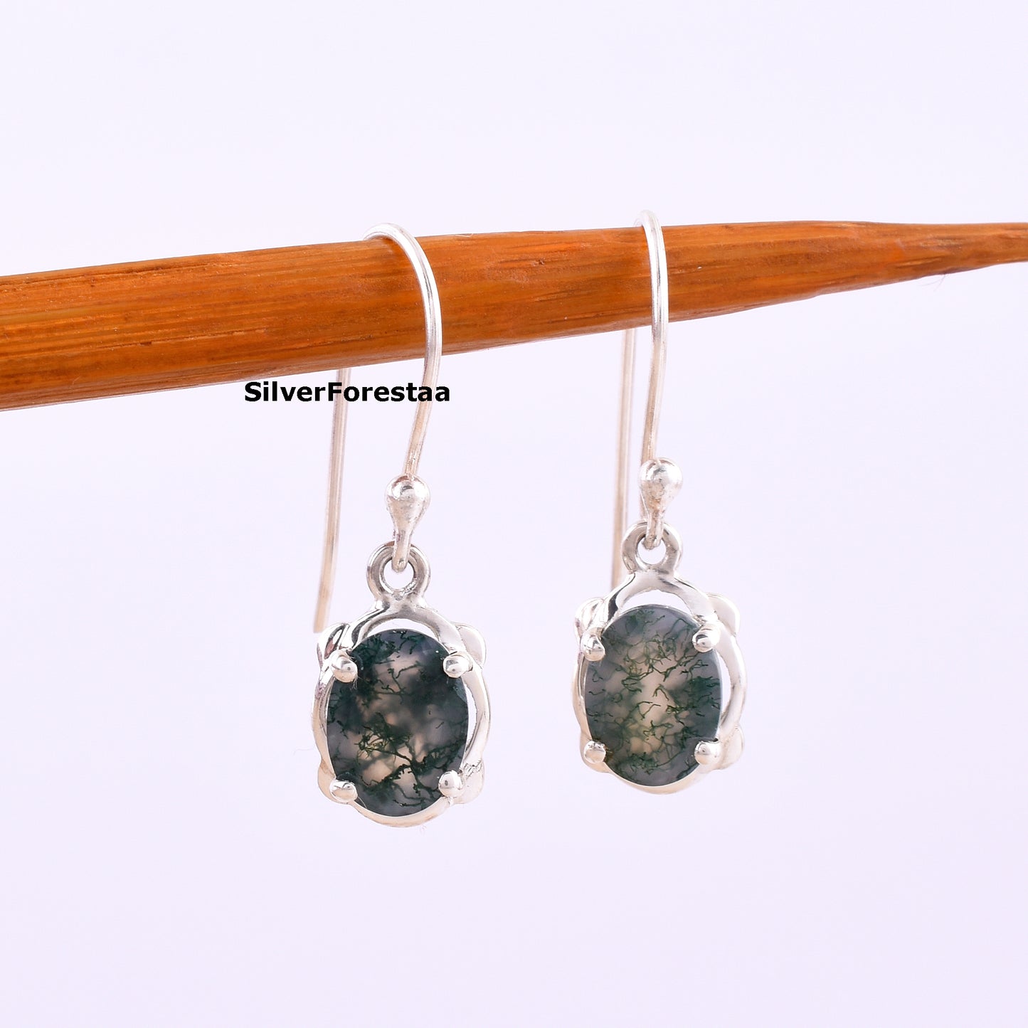 Natural Moss Agate Earrings 925 Silver Jewelry - SilverForestaa