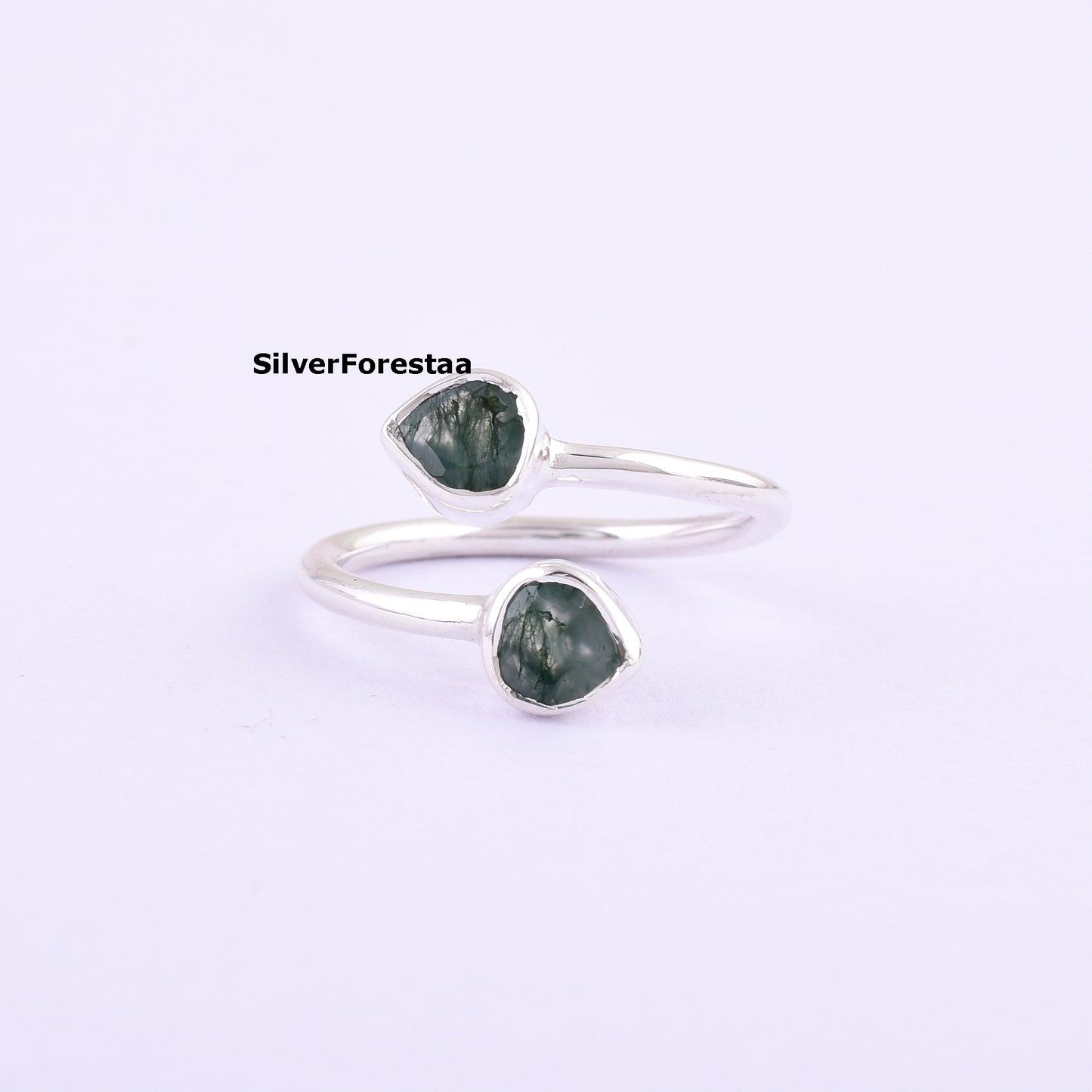 Dainty Double Moss Agate Ring 925 Sterling Silver Jewelry