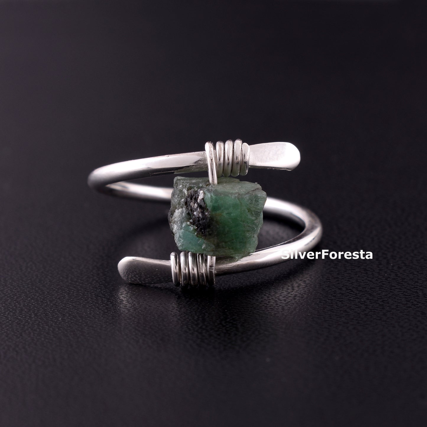 Handcrafted Raw Emerald Gemstone Ring – Sterling Silver Wire Wrap