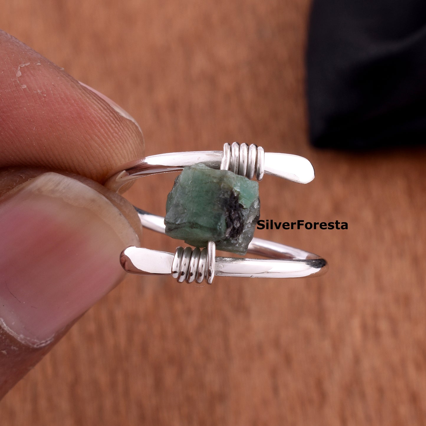 Handcrafted Raw Emerald Gemstone Ring – Sterling Silver Wire Wrap