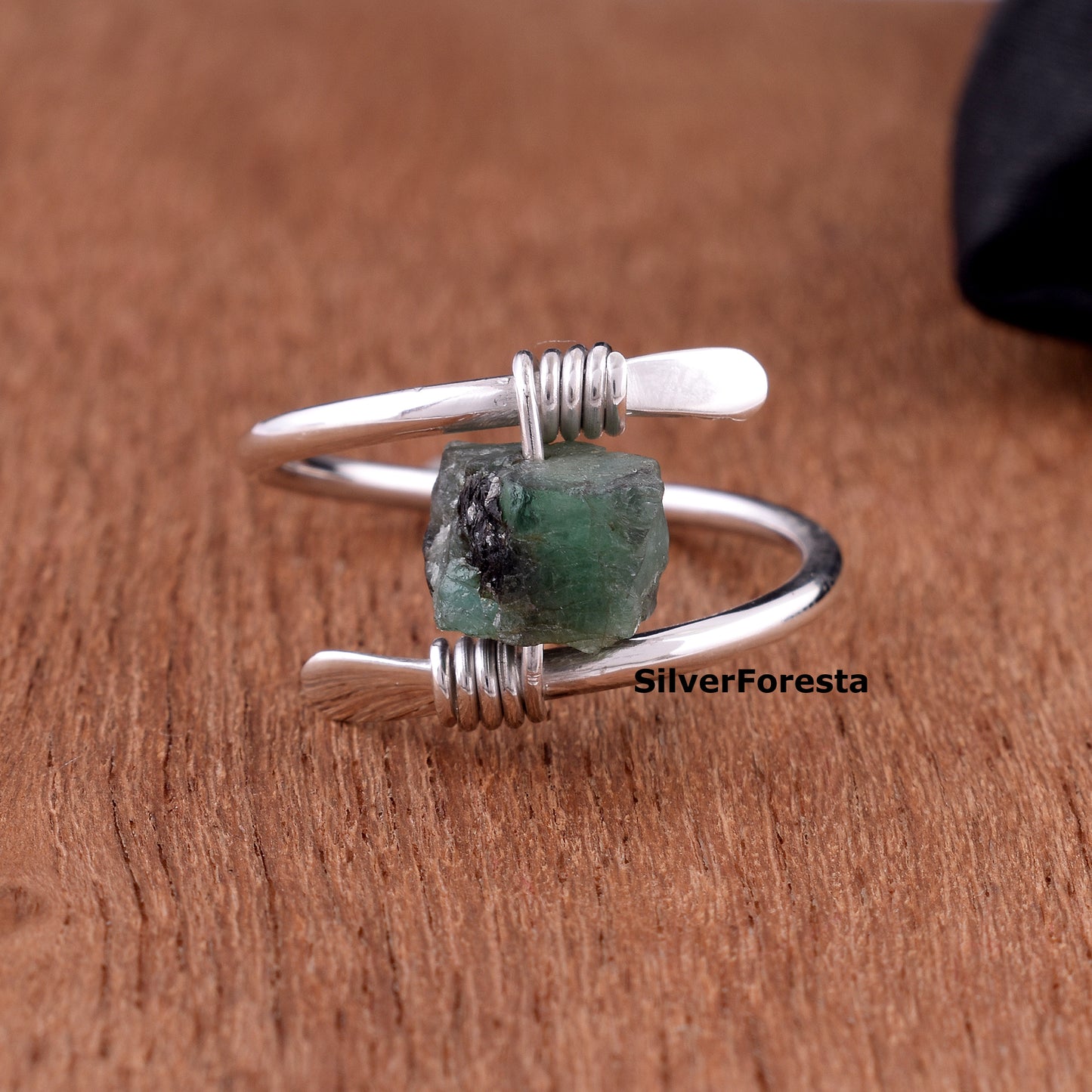 Handcrafted Raw Emerald Gemstone Ring – Sterling Silver Wire Wrap