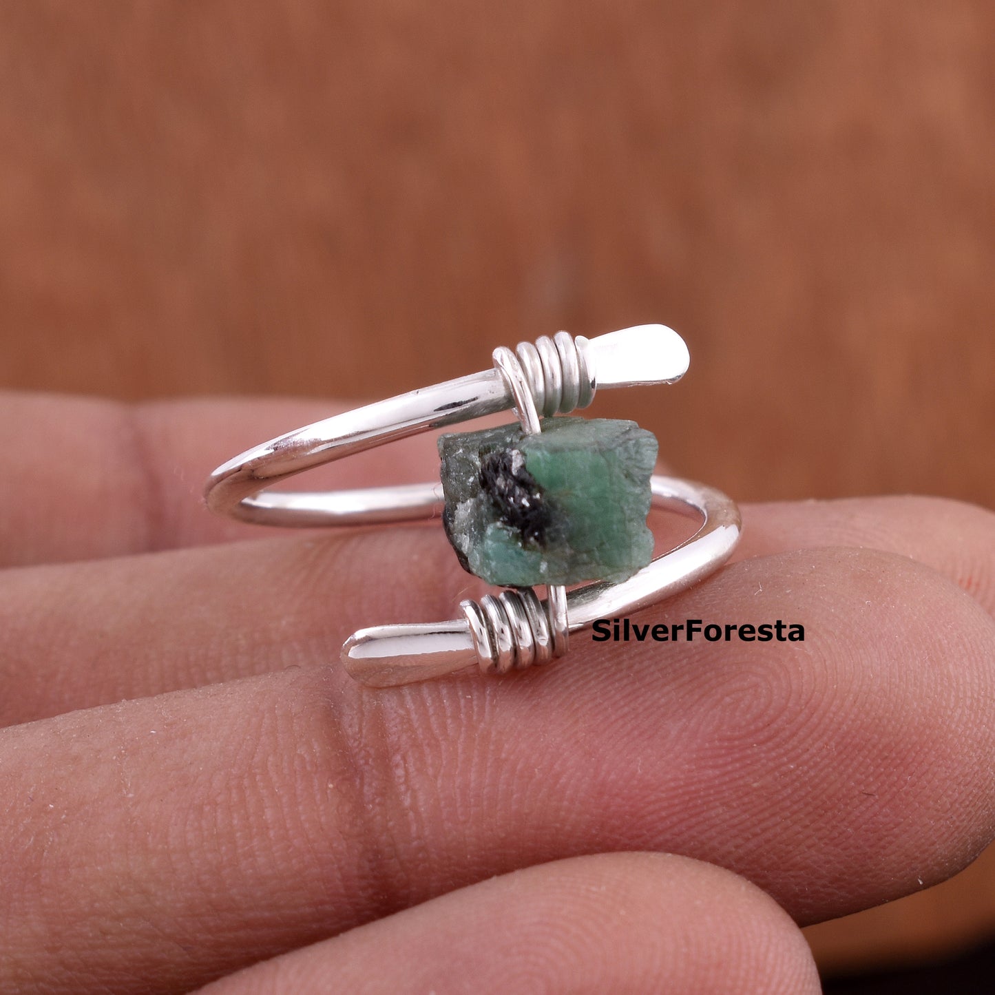 Handcrafted Raw Emerald Gemstone Ring – Sterling Silver Wire Wrap