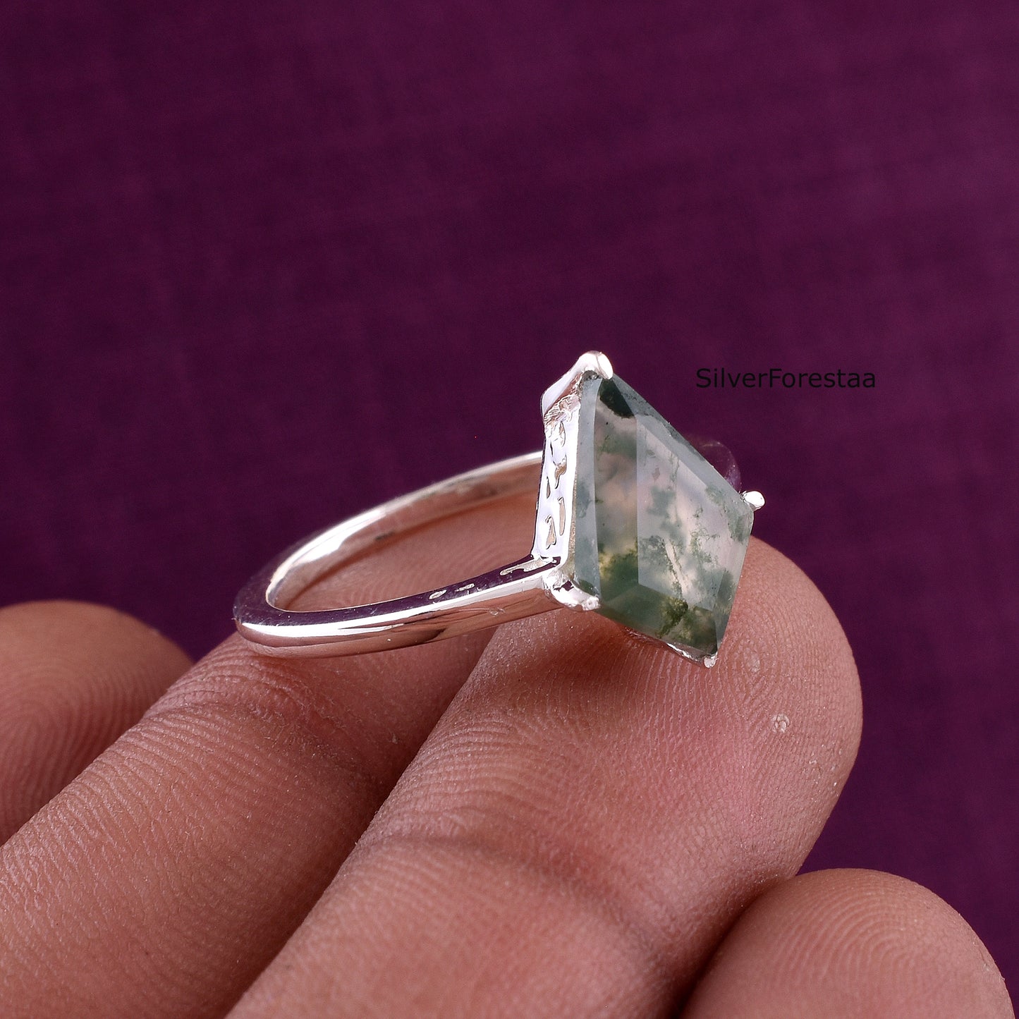 Kite Cut Moss Agate Engagement Ring – 925 Sterling Silver