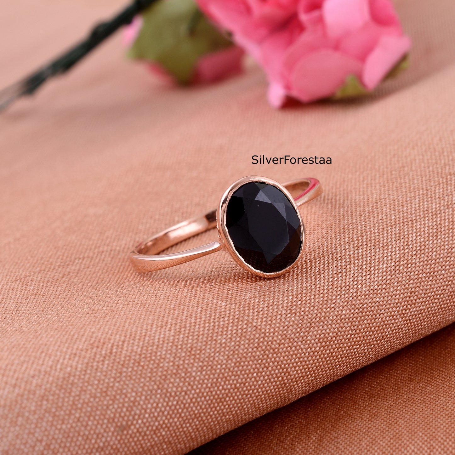 Rose Gold Black Onyx Ring in 925 Sterling Silver