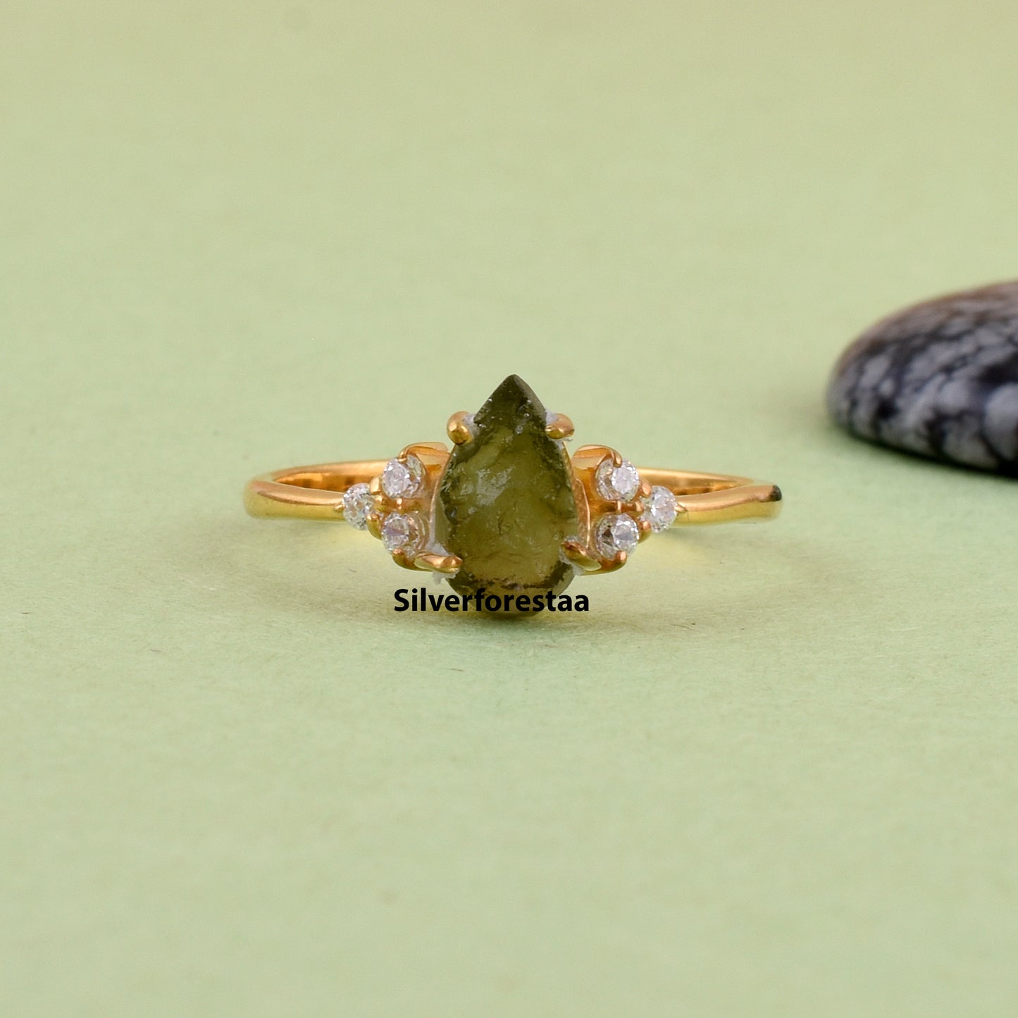 Natural Raw Moldavite 925 Silver Ring