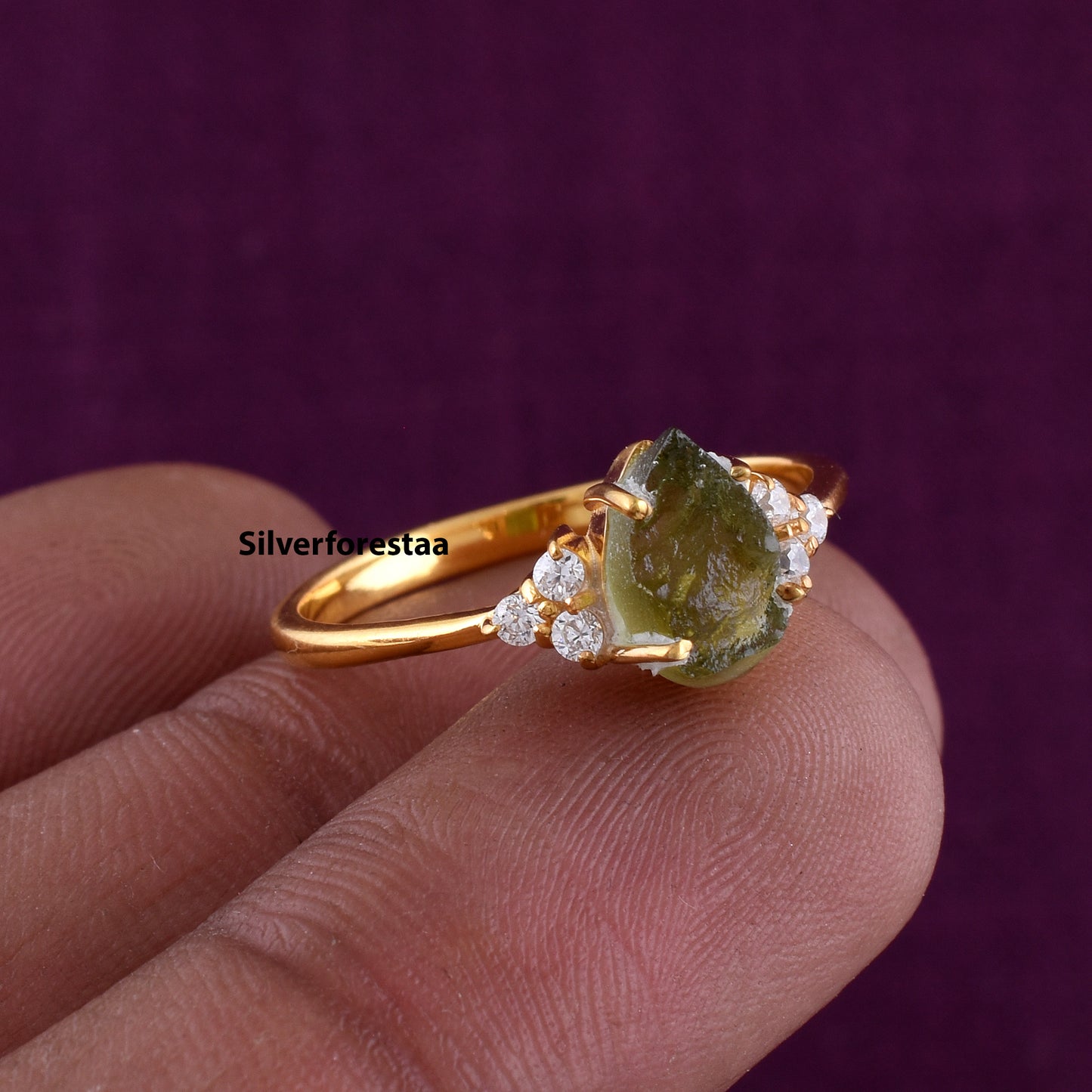 Natural Raw Moldavite 925 Silver Ring