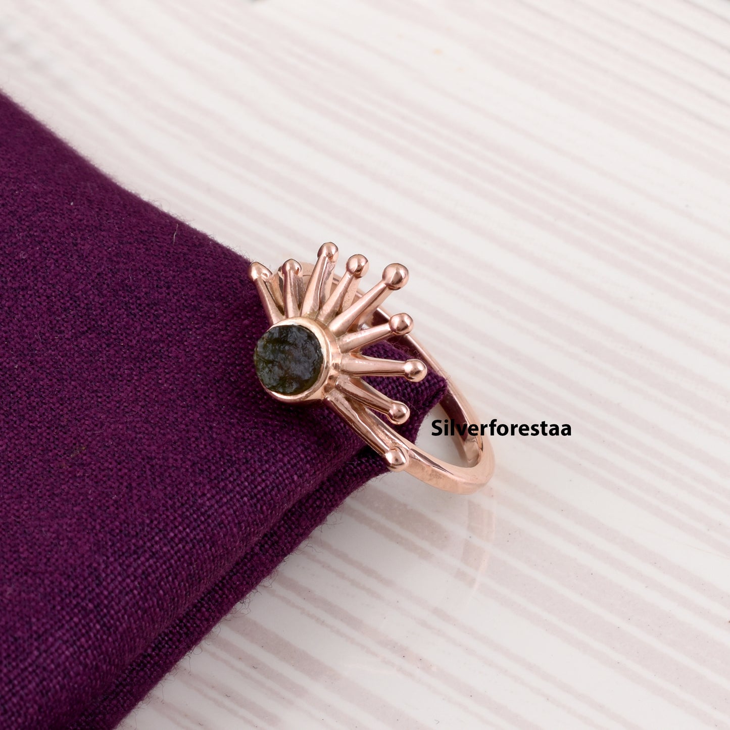 Raw Moldavite Sunburst Ring | Sterling Silver
