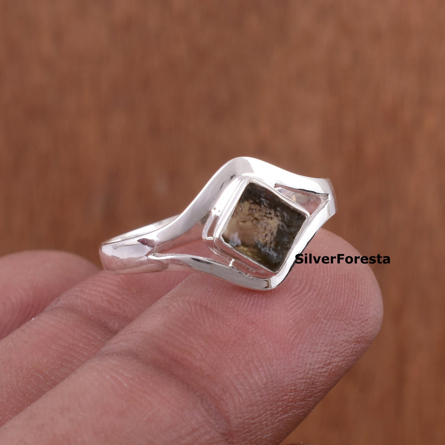 Moldavite Gemstone Ring – Natural Raw Stone Silver Ring