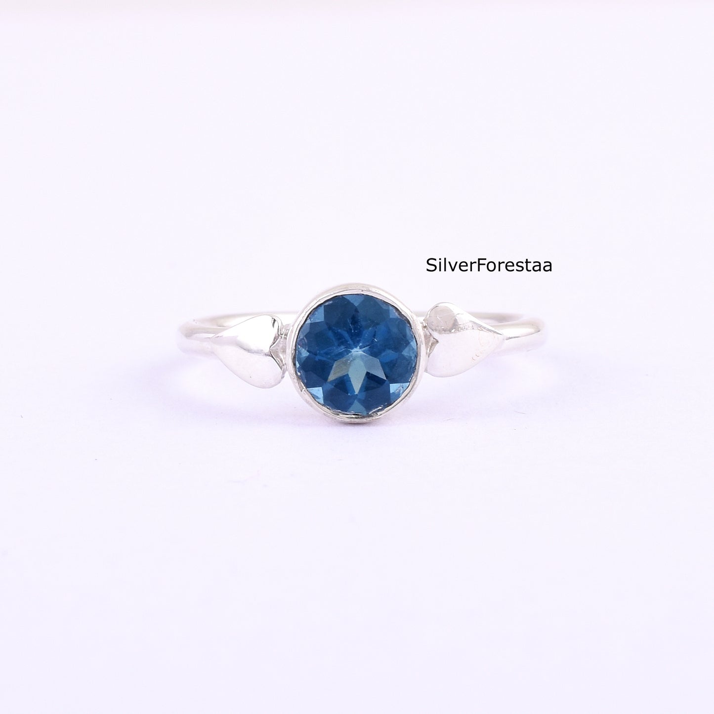 Round Cut Blue Topaz Silver Ring – Handmade Gemstone