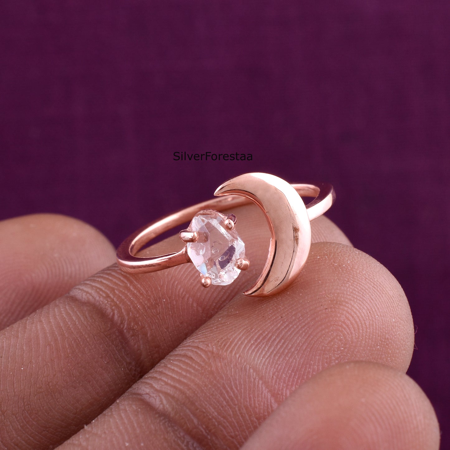 Raw Herkimer Diamond Crescent Moon Silver Ring - SilverForestaa