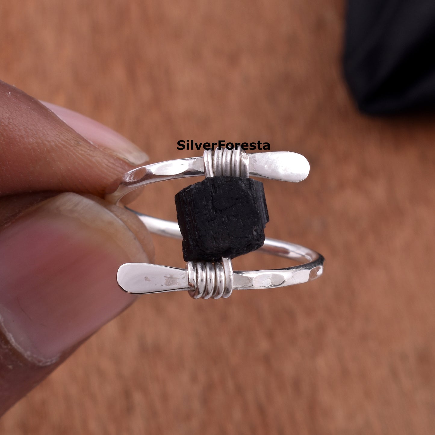 Handcrafted Raw Black Tourmaline Gemstone Ring – Sterling Silver Wire Wrap