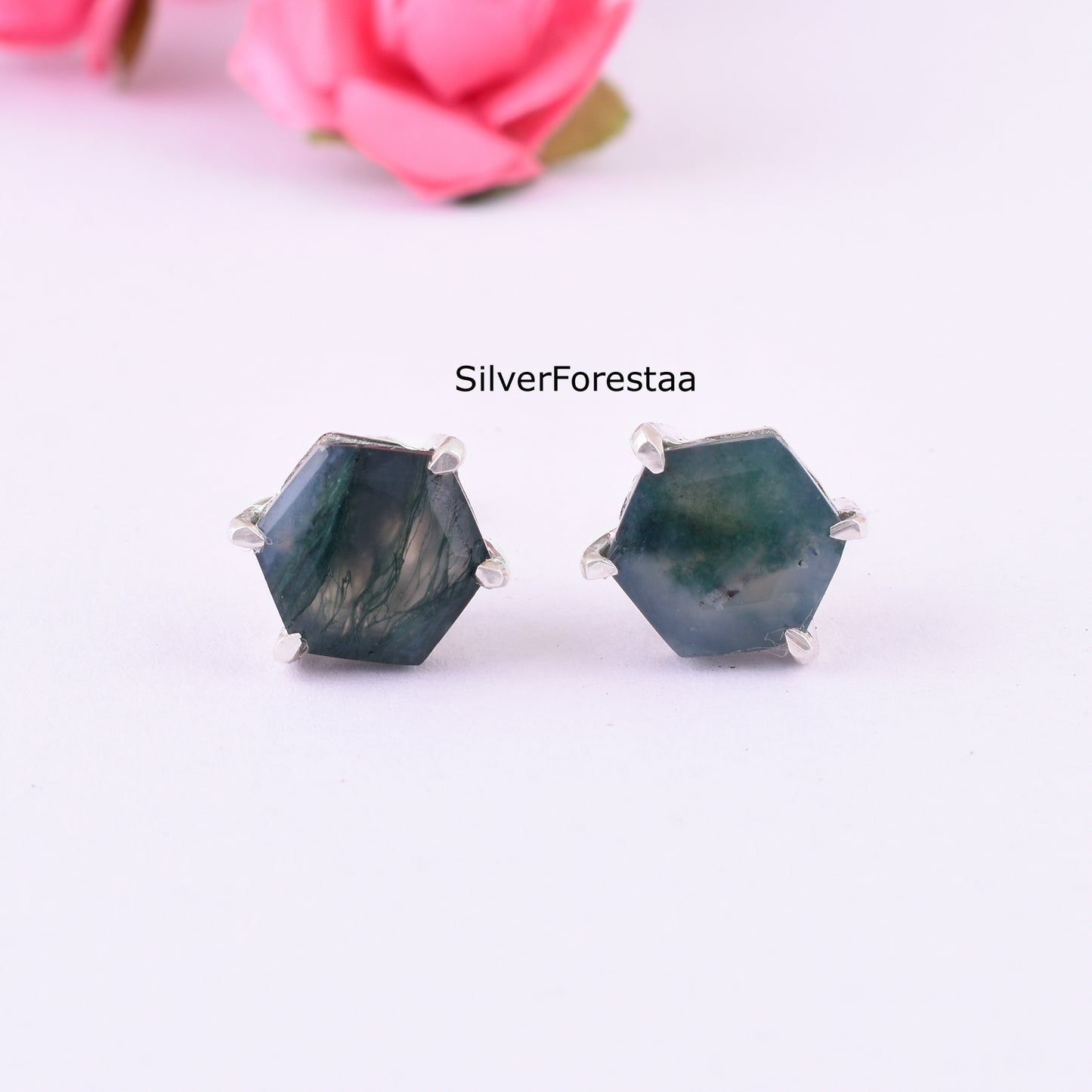Moss Agate Stud Earrings in 925 Sterling Silver – Natural Elegance