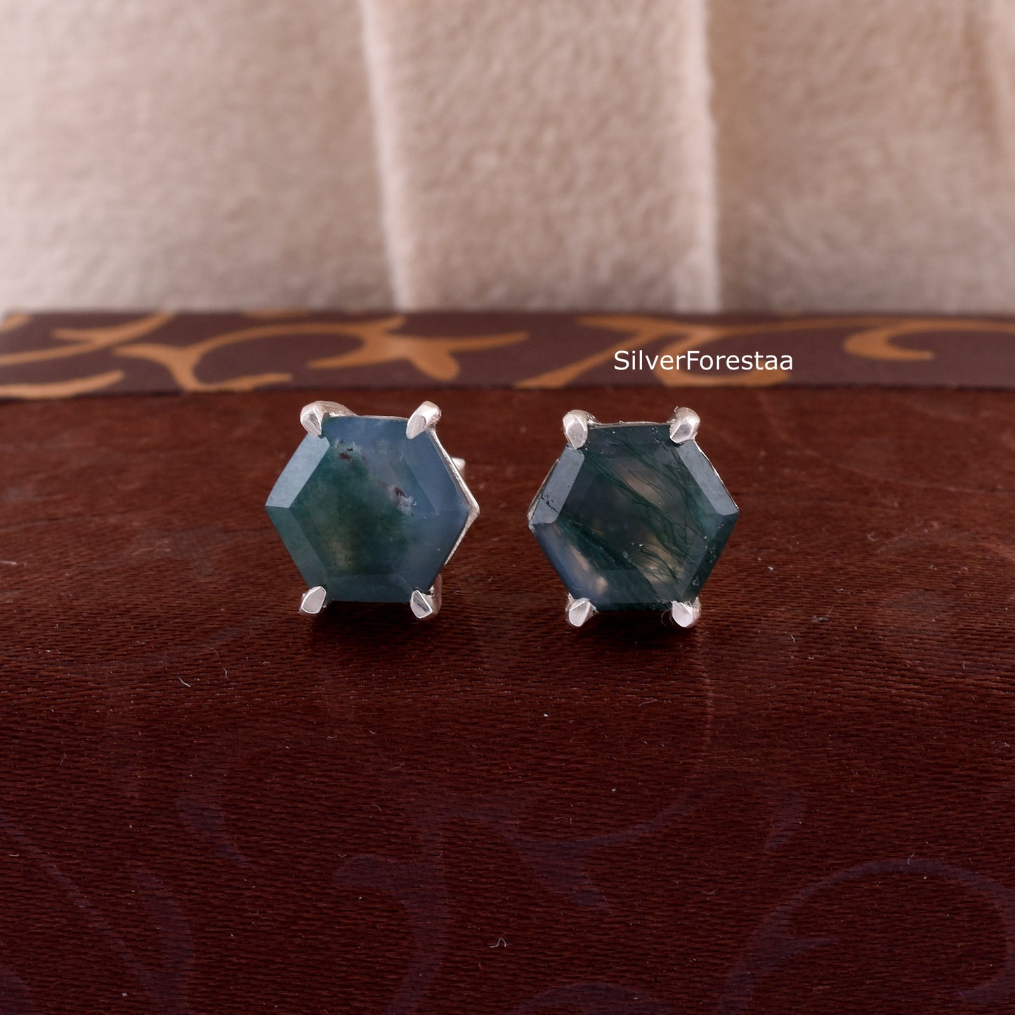 Moss Agate Stud Earrings in 925 Sterling Silver – Natural Elegance