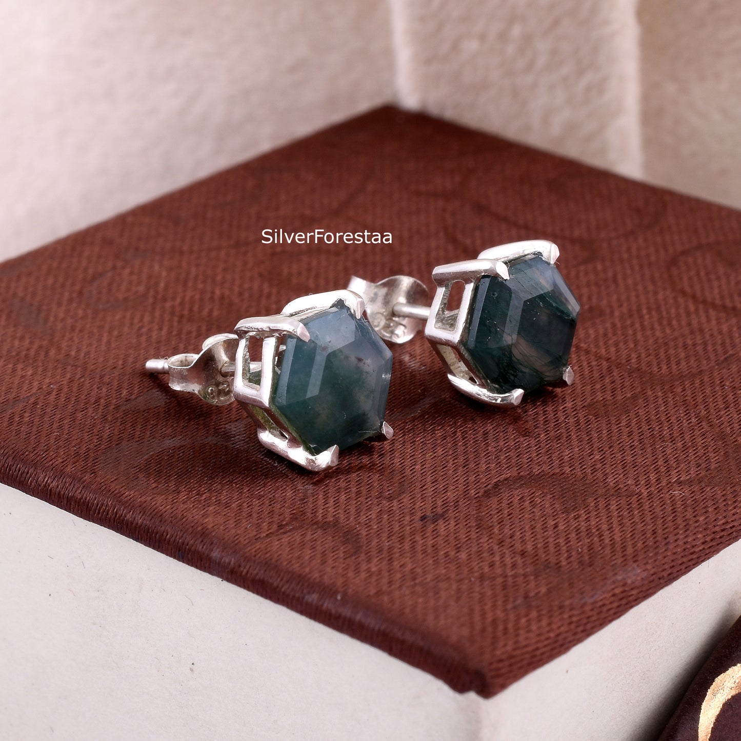 Moss Agate Stud Earrings in 925 Sterling Silver – Natural Elegance