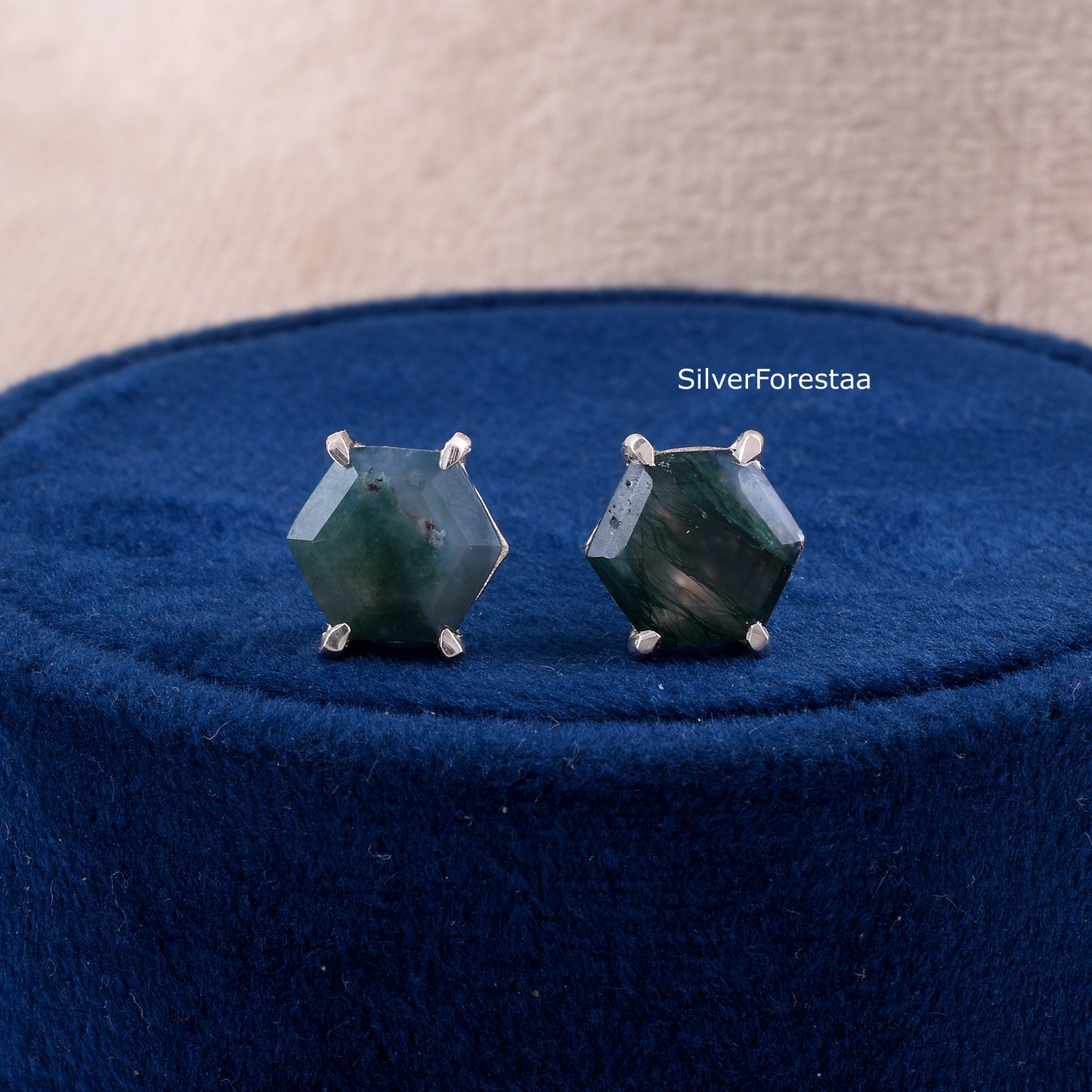 Moss Agate Stud Earrings in 925 Sterling Silver – Natural Elegance