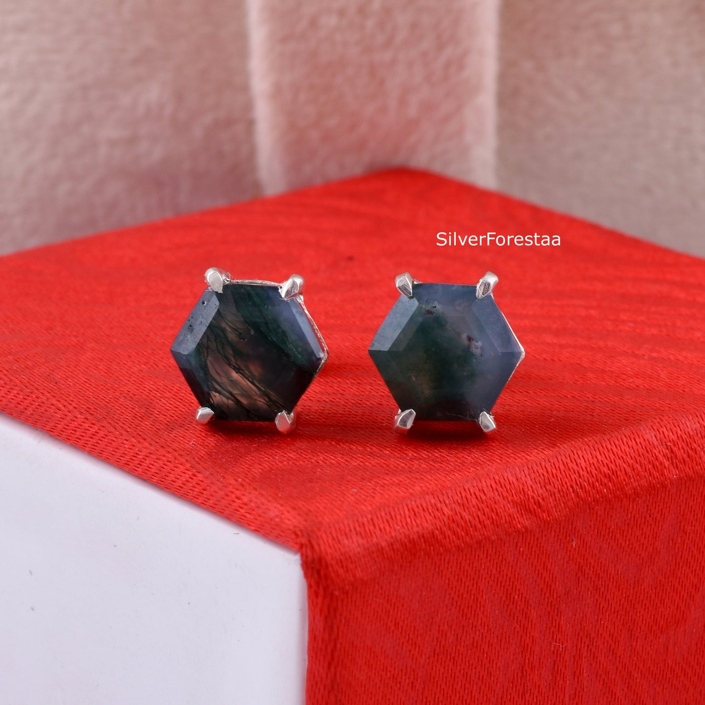 Moss Agate Stud Earrings in 925 Sterling Silver – Natural Elegance