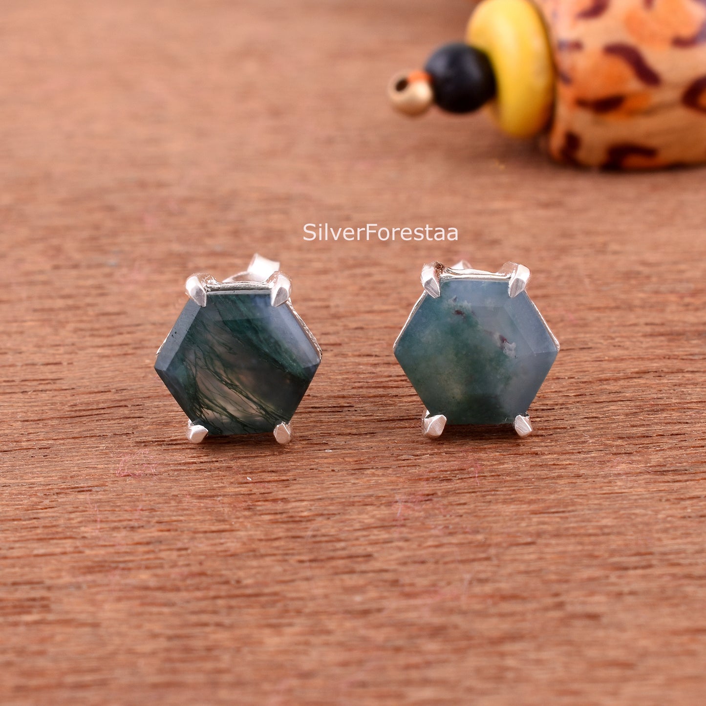 Moss Agate Stud Earrings in 925 Sterling Silver – Natural Elegance