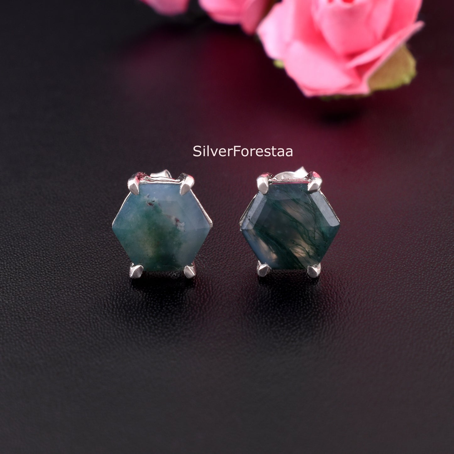 Moss Agate Stud Earrings in 925 Sterling Silver – Natural Elegance