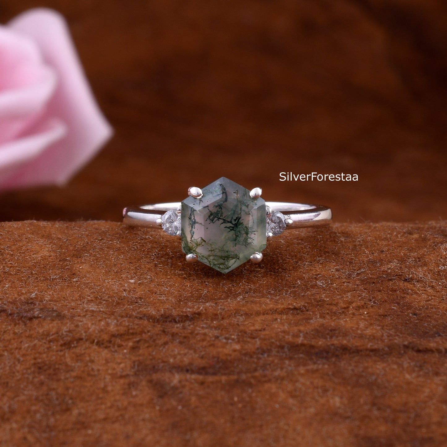 Solid Sterling Silver Moss Agate Stacking Ring – Unique Natural Beauty