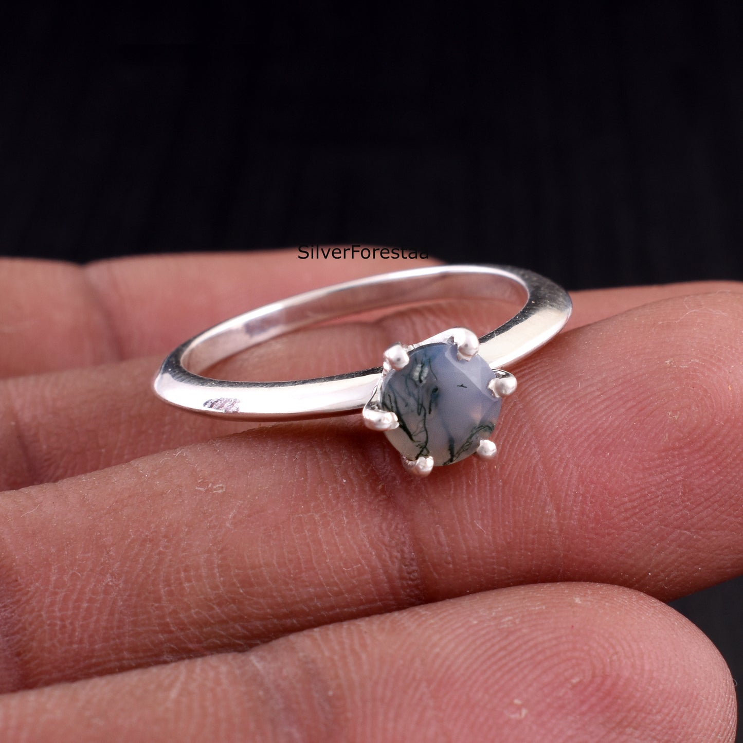 Solid Sterling Silver Moss Agate Stacking Ring – Unique Natural Beauty