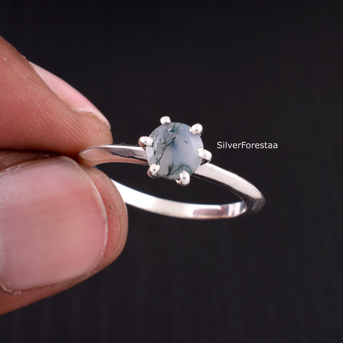 Solid Sterling Silver Moss Agate Stacking Ring – Unique Natural Beauty