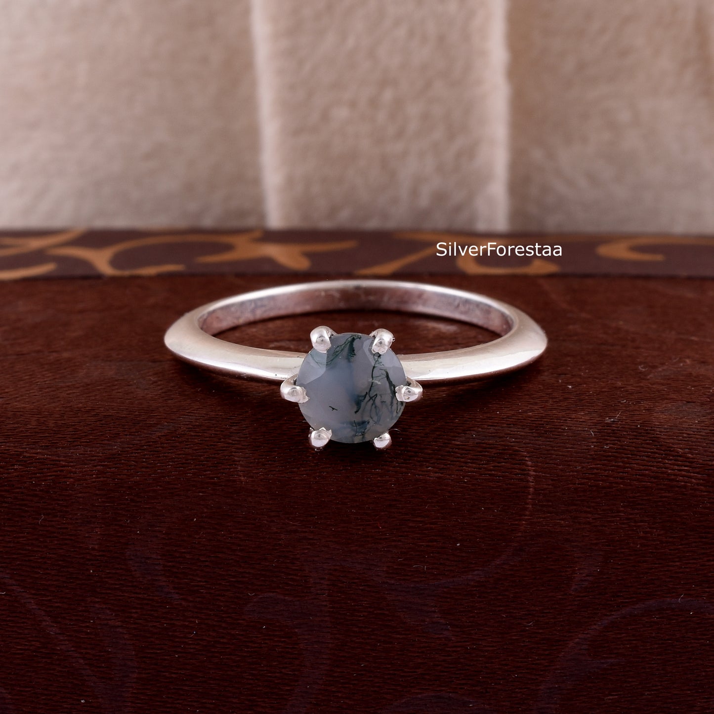 Solid Sterling Silver Moss Agate Stacking Ring – Unique Natural Beauty
