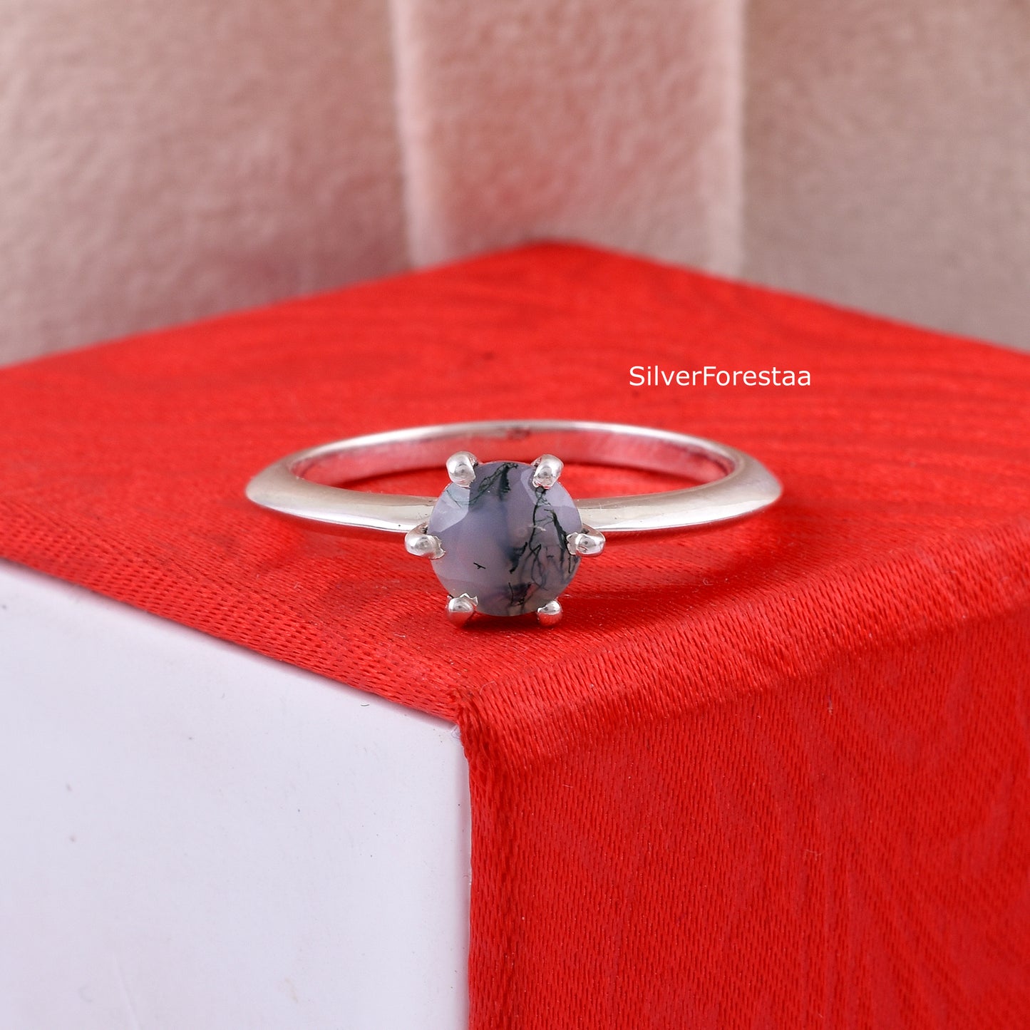 Solid Sterling Silver Moss Agate Stacking Ring – Unique Natural Beauty