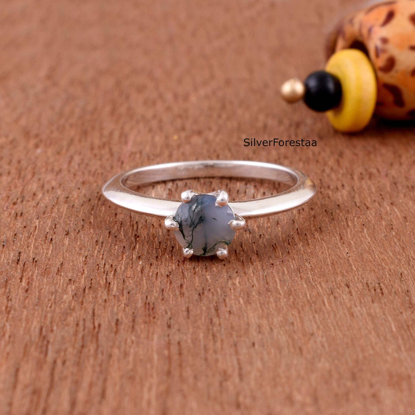 Solid Sterling Silver Moss Agate Stacking Ring – Unique Natural Beauty