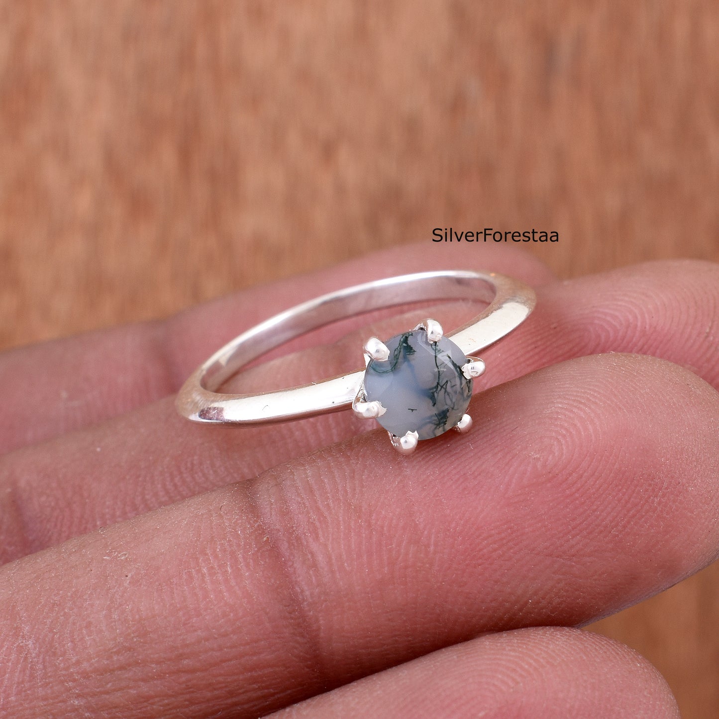 Solid Sterling Silver Moss Agate Stacking Ring – Unique Natural Beauty
