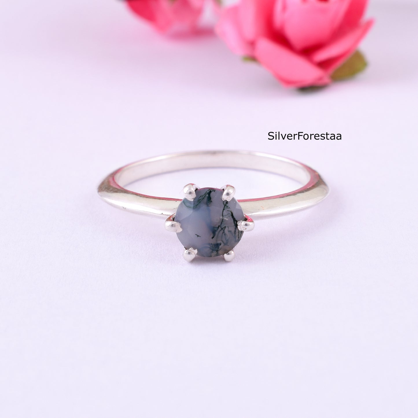Solid Sterling Silver Moss Agate Stacking Ring – Unique Natural Beauty