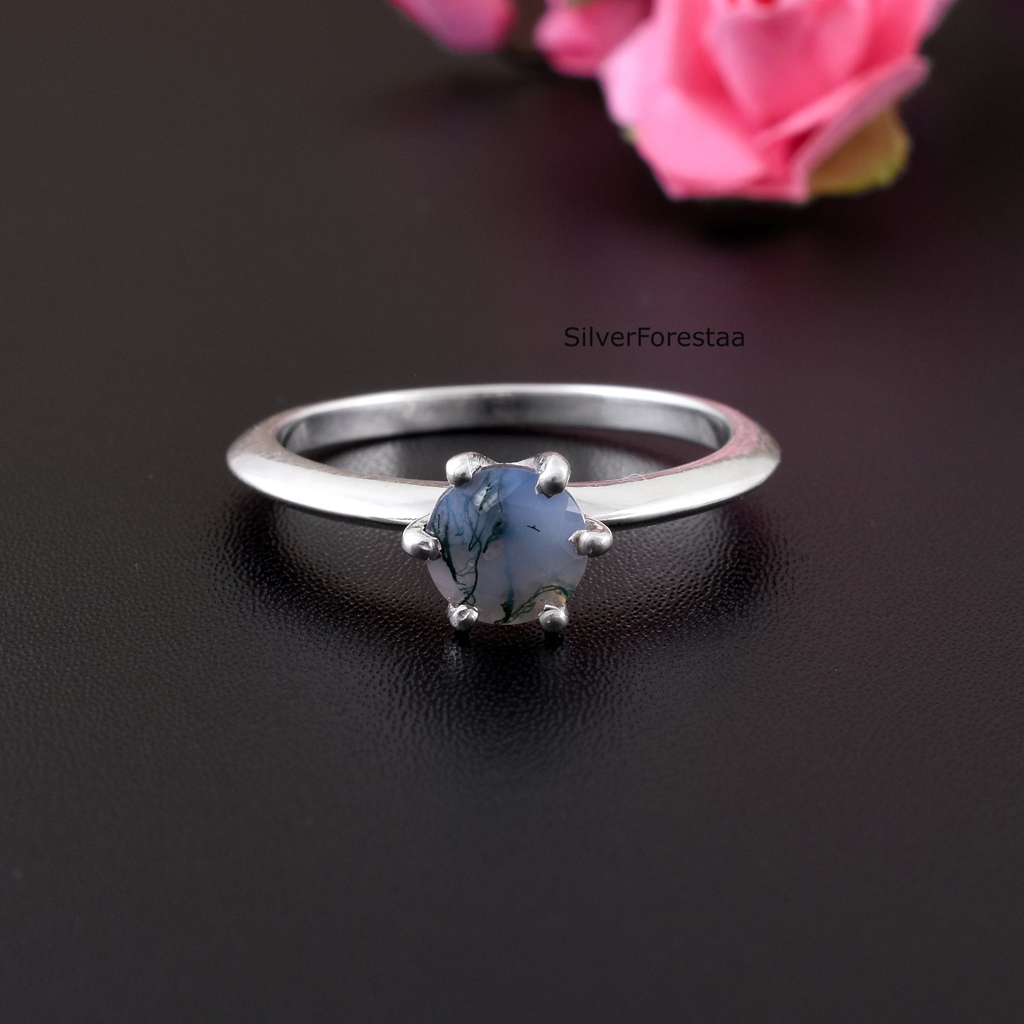 Solid Sterling Silver Moss Agate Stacking Ring – Unique Natural Beauty
