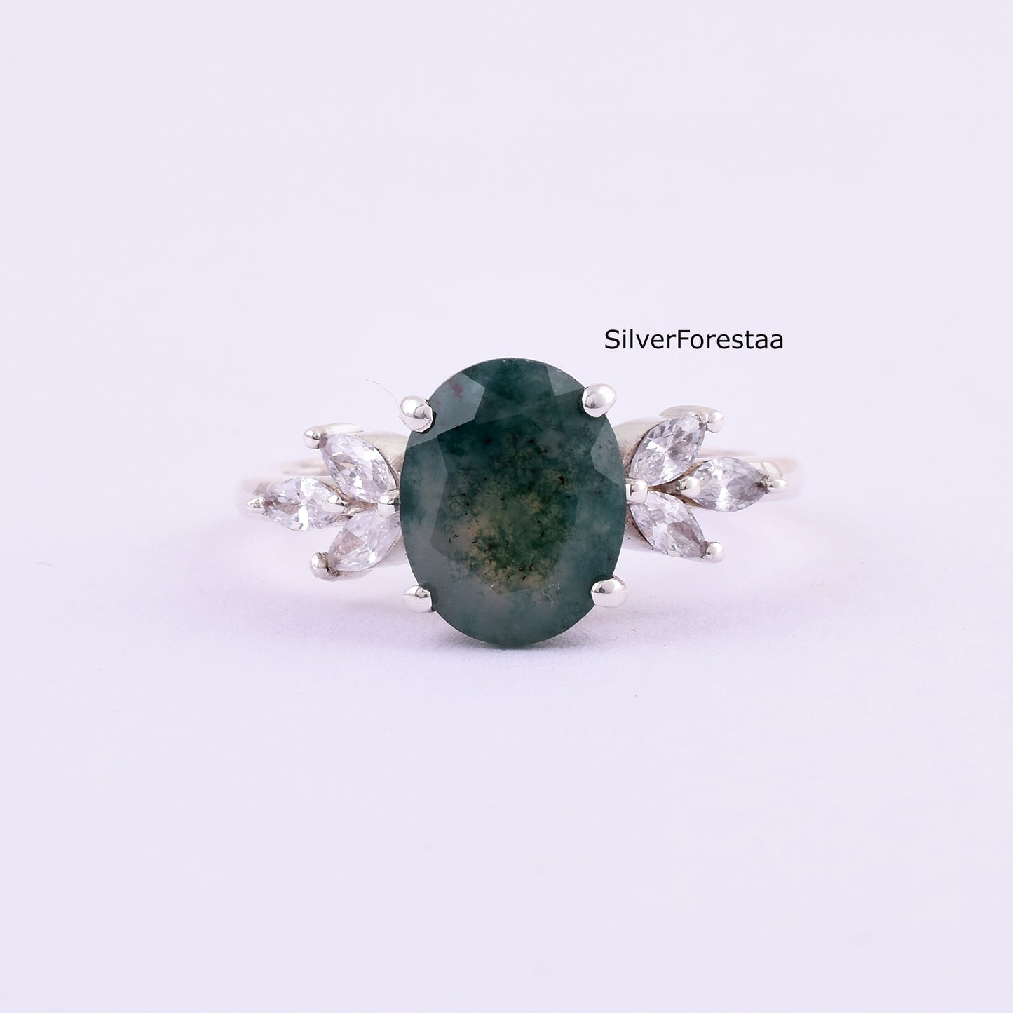 Elegant Oval Moss Agate Ring – Sterling Silver Engagement Style