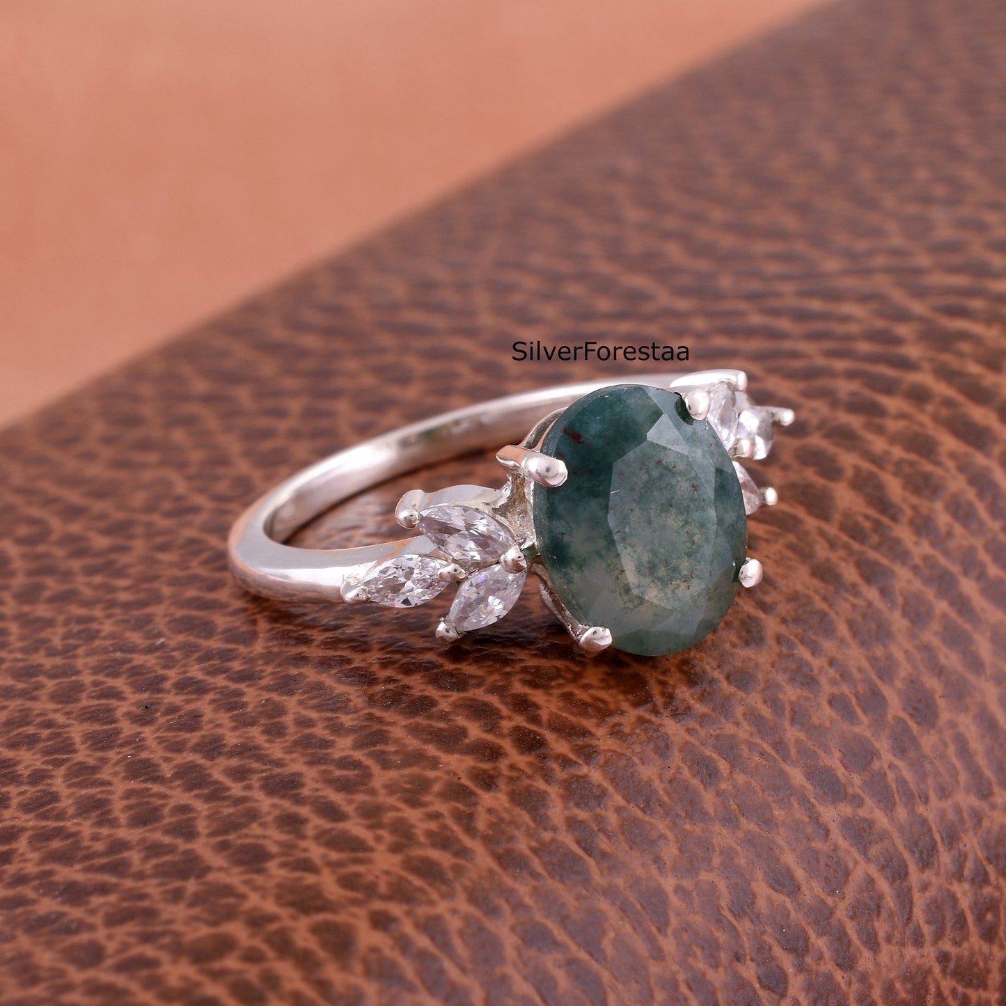 Elegant Oval Moss Agate Ring – Sterling Silver Engagement Style