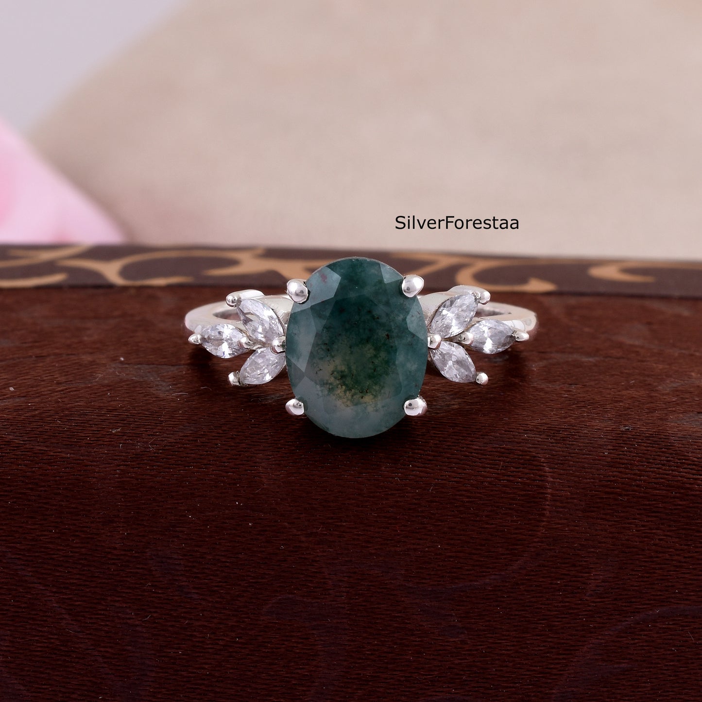 Elegant Oval Moss Agate Ring – Sterling Silver Engagement Style