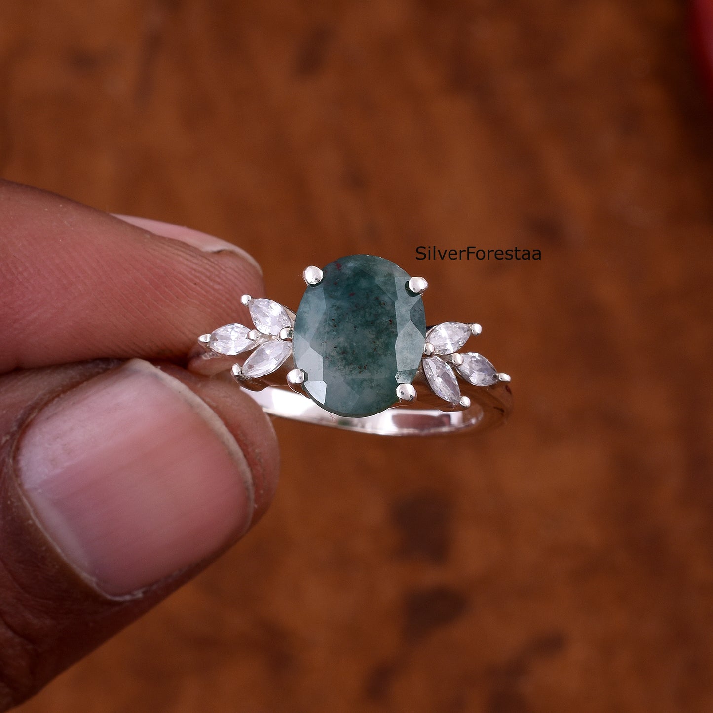 Elegant Oval Moss Agate Ring – Sterling Silver Engagement Style