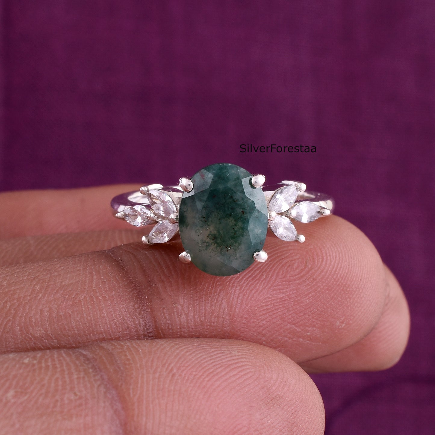 Elegant Oval Moss Agate Ring – Sterling Silver Engagement Style