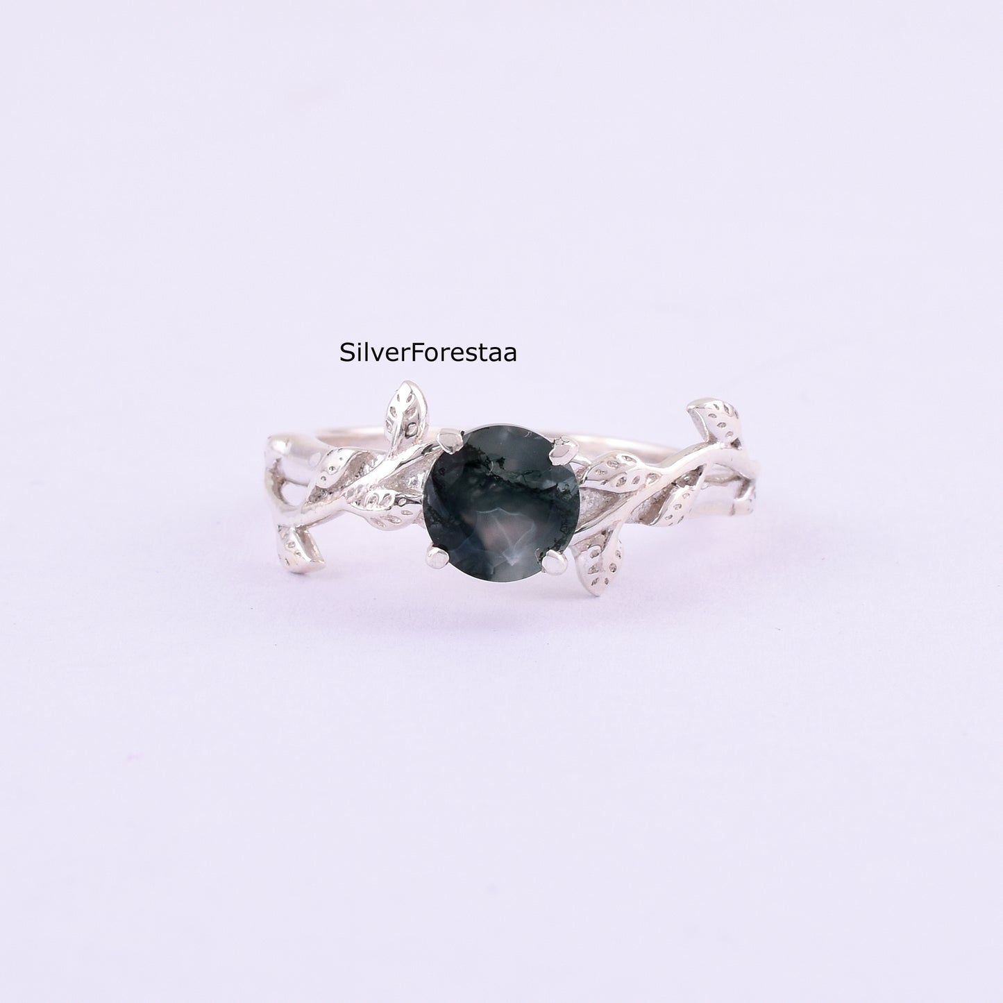 Dainty Leaf Moss Agate Ring – Solid 925 Sterling Silver