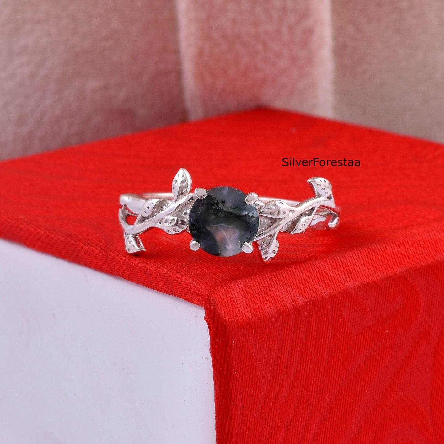 Dainty Leaf Moss Agate Ring – Solid 925 Sterling Silver